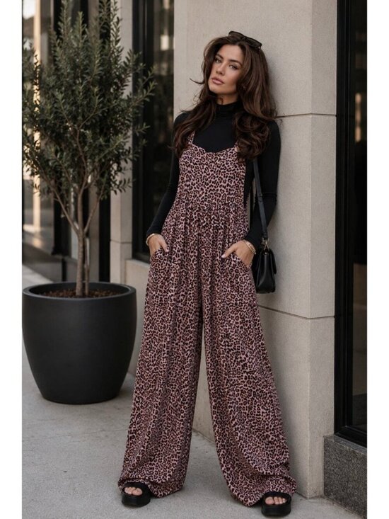 JODIFL Pants - Wild Muse Oversized Leopard Animal Print Jumpsuit Overalls in Mauve Small